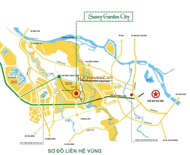 Hình ảnh dự án Khu đô thị Sunny Garden City có địa chỉ tại xã Sài Sơn, huyện Quốc Oai, thành phố Hà Nội, nằm ngay trên trục đường 421B và sát Đại lộ Thăng Long