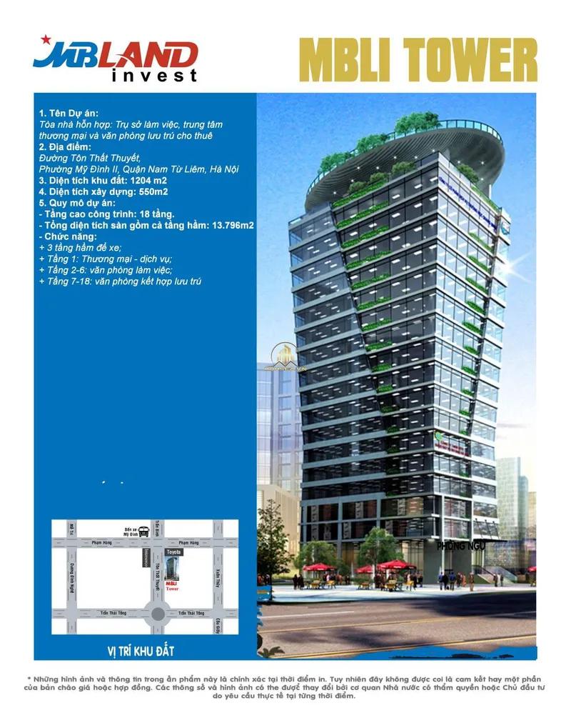 Hình ảnh dự án MBLI Tower Dự án MBLI Tower nằm tại Lô D14, đường Tôn Thất Thuyết, phường Mỹ Đình 2, quận Nam Từ Liêm, thành phố Hà Nội
