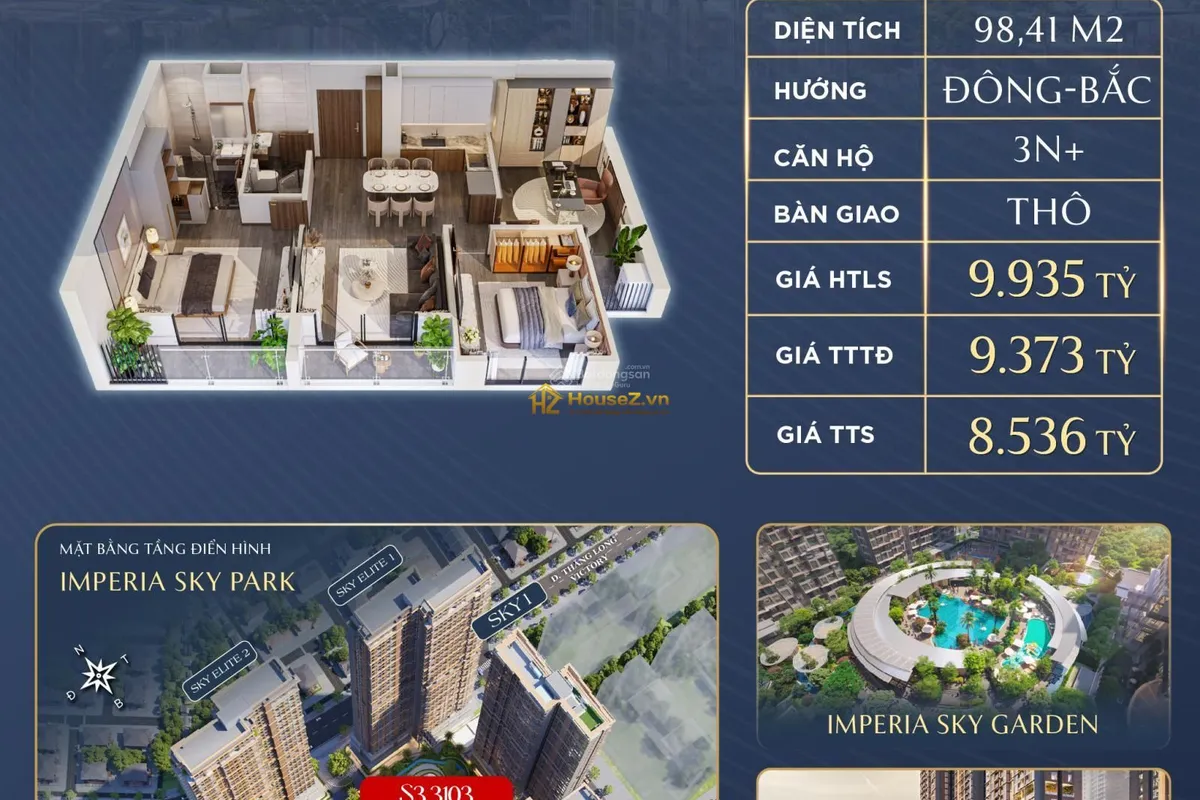 📐CHỈ 8,536 TỶ SỞ HỮU 3PN+ IMPERIA SKY PARK – 98,41M² | TẦNG CAO | VIEW SKY GARDEN 🔥
